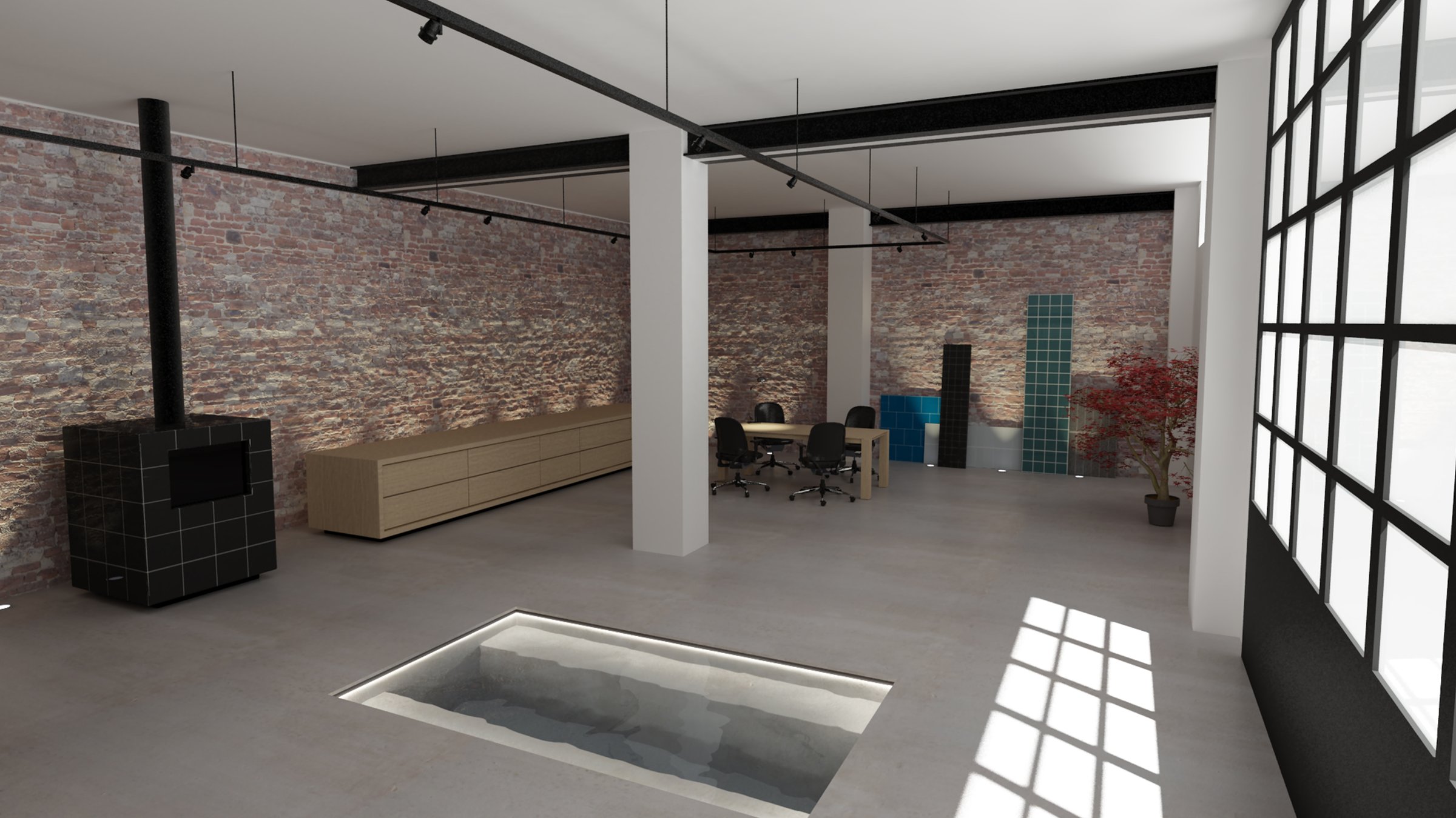 Allestimento showroom in un ex spazio industriale, progetto Alessandro Marelli